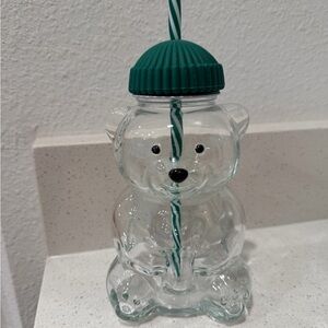 Clear Bear Shaped Glass Cup with Green Straw